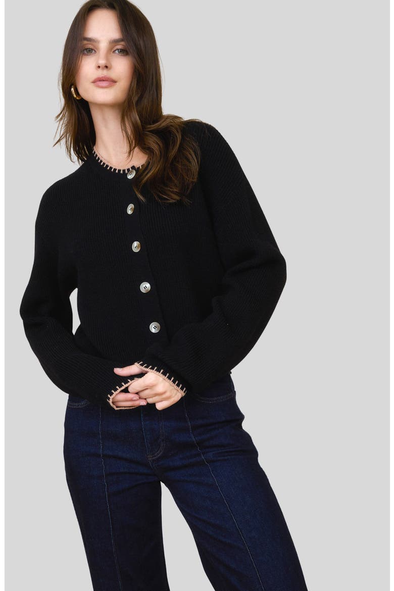 Contrast Stitch Button Front Cardigan, Alternate, color, BLACK