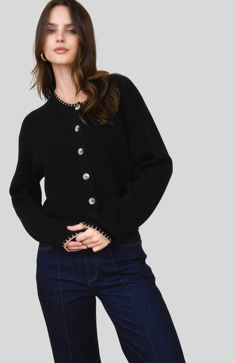 Blu Pepper Contrast Stitch Button Front Cardigan, Alternate, color, Black
