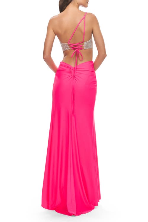 La Femme One Shoulder Dress With Side Cut Out And Rhinestone Bodice In Neon Pink