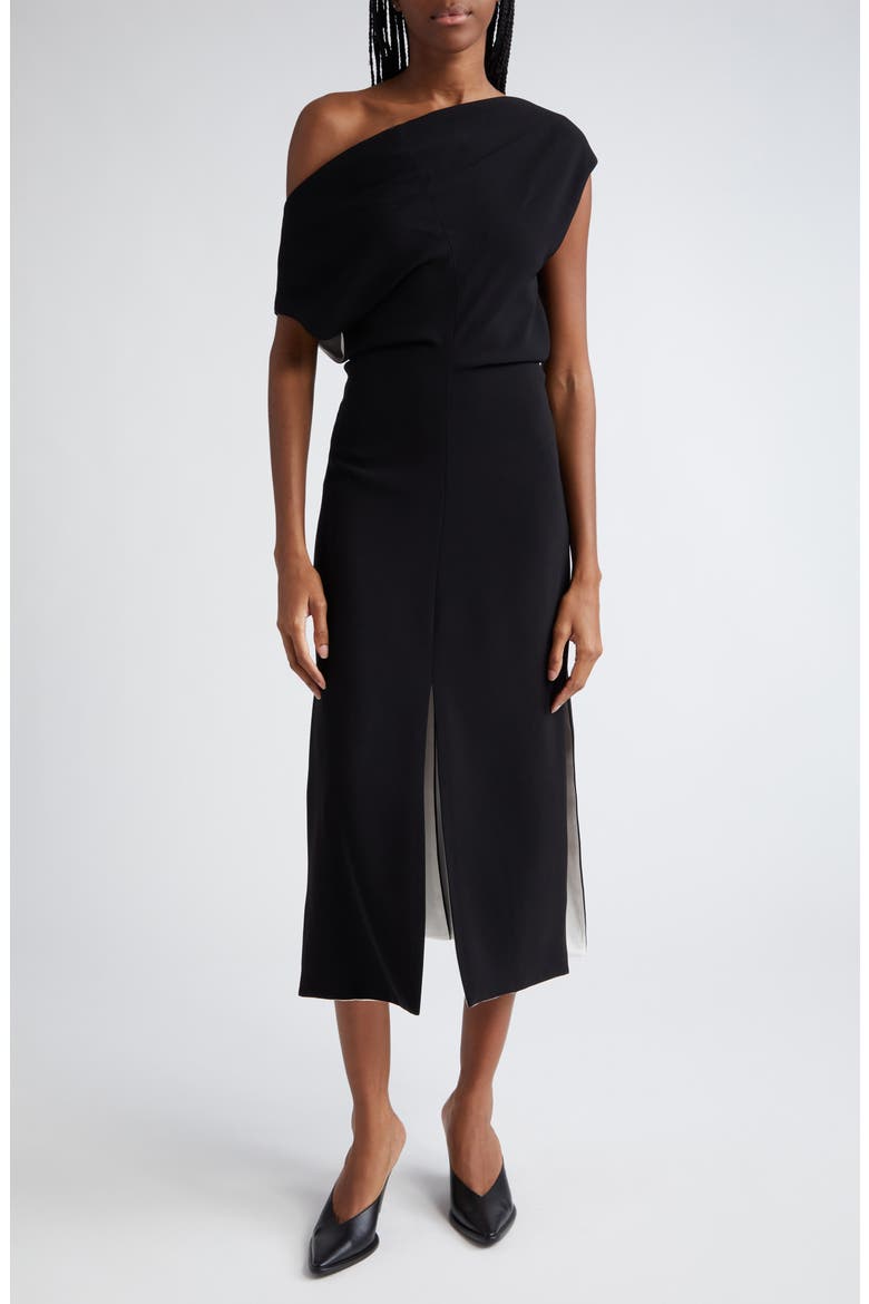 Rosa Off the Shoulder Matte Crepe Midi Dress, Main, color, BLACK