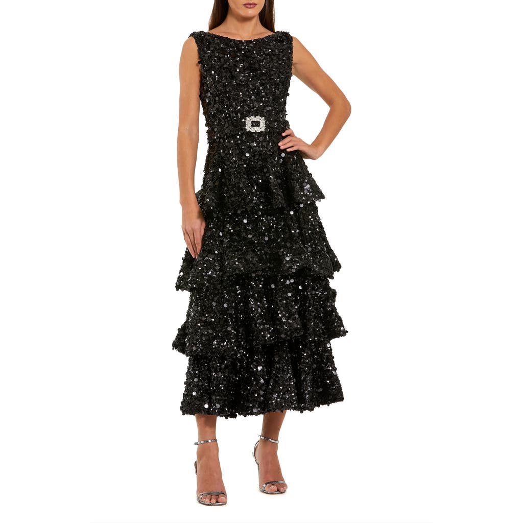 Mac Duggal Sleeveless Sequin Ruffle Midi Dress With Belt In Black
