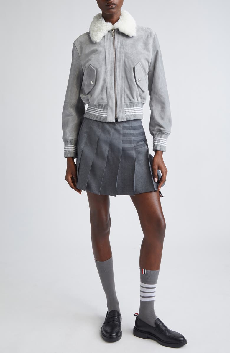 Thom Browne 4-Bar Suede Crop Bomber Jacket with Genuine Shearling Collar, Alternate, color, Medium Grey