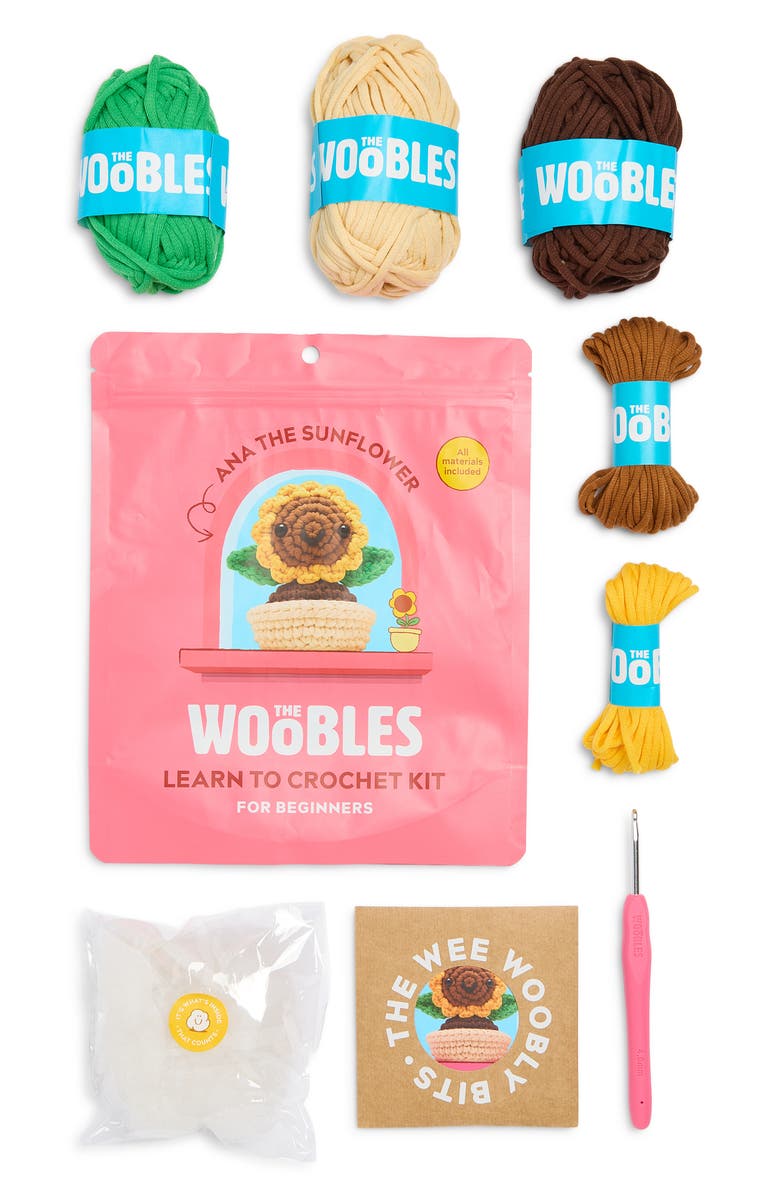 THE WOOBLES Ana the Sunflower Learn to Crochet Kit, Main, color, Brown