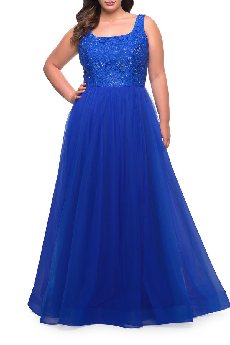 A-line Tulle and Lace Plus Size Gown with Slit, Alternate, color, Royal Blue