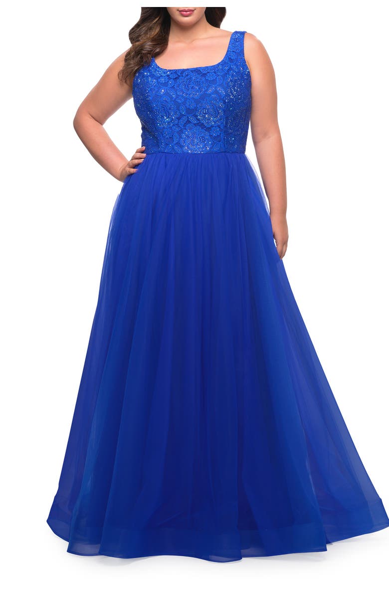 La Femme A-line Tulle and Lace Plus Size Gown with Slit, Alternate, color, Royal Blue