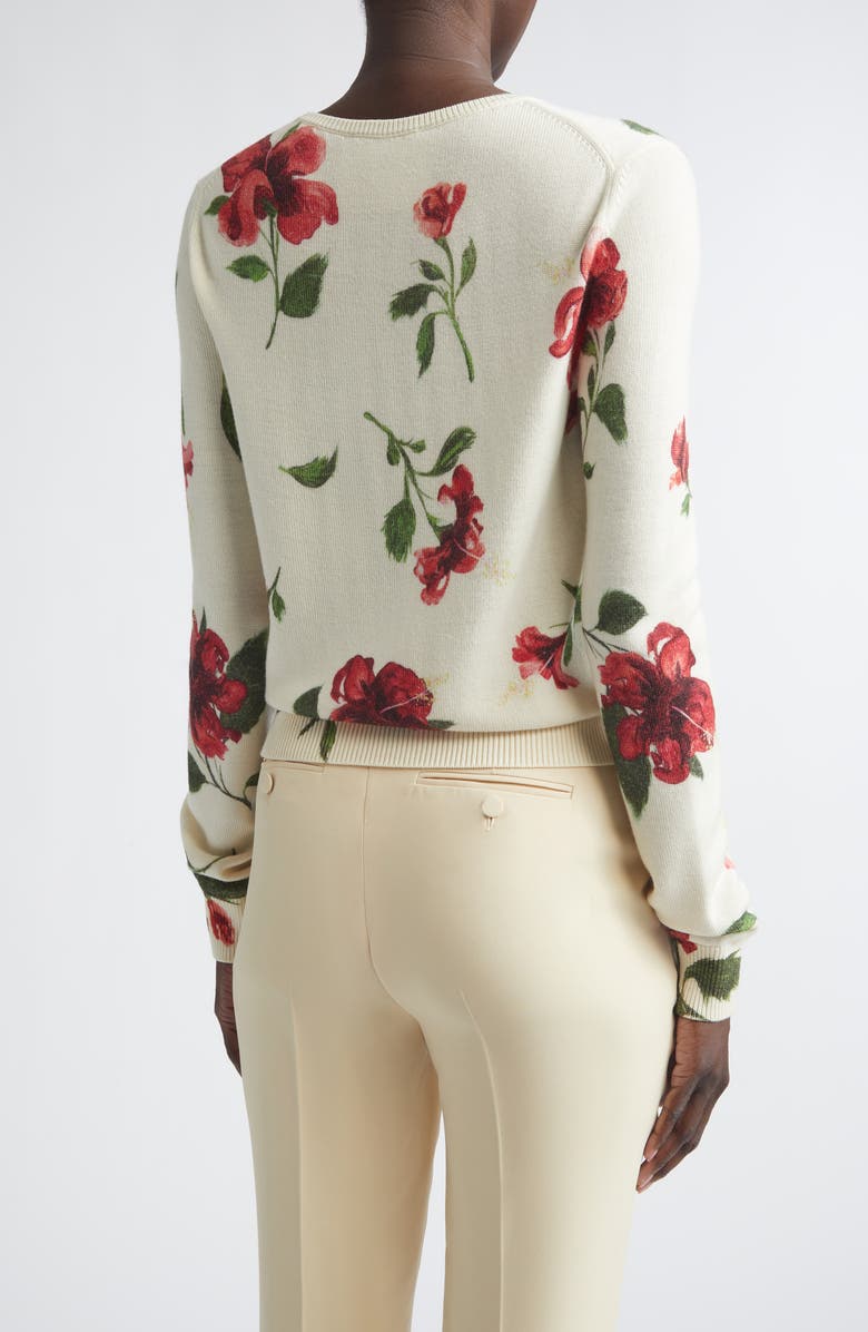 Oscar de la Renta Hibiscus Print Virgin Wool Cardigan, Alternate, color, Ivory