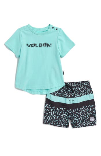 Shop Volcom Graphic T-shirt & Swim Trunks Set In Teal Blue