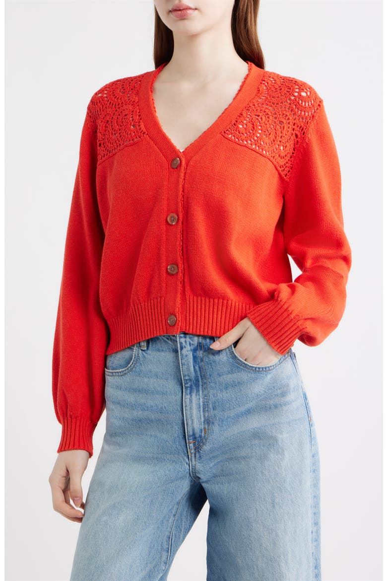 Openwork Detail Cotton Cardigan, Main, color, POPPY