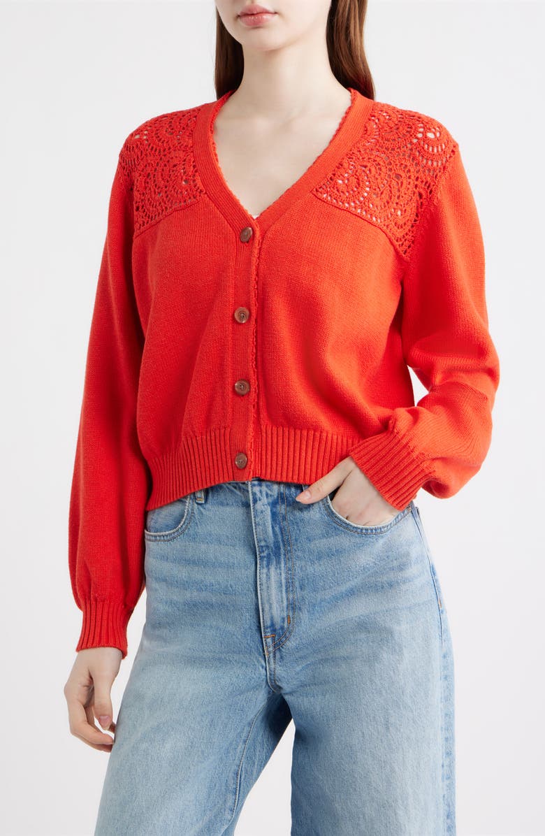 Pendleton Openwork Detail Cotton Cardigan, Main, color, Poppy