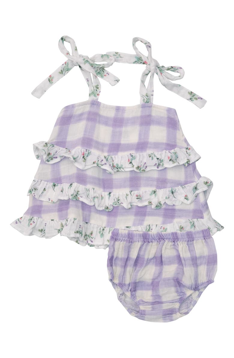 Angel Dear Lavender Rose Gingham Organic Cotton Muslin Dress & Bloomers Set, Main, color, 