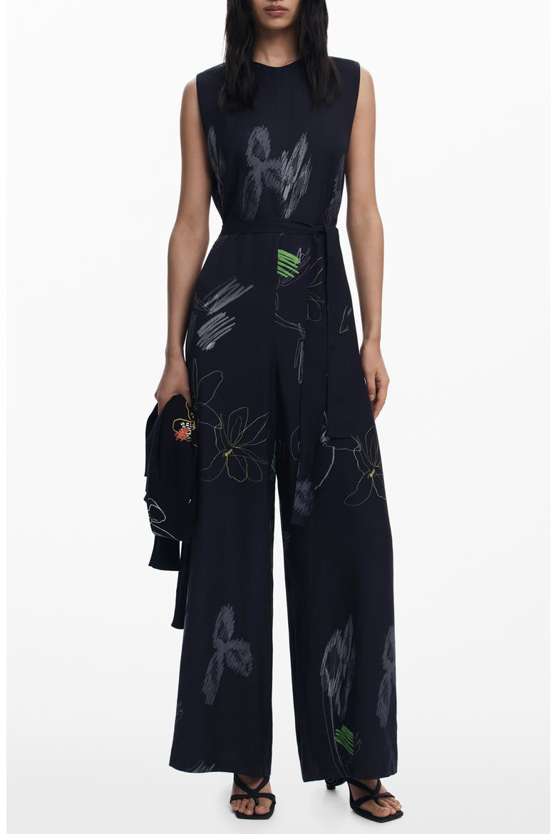 Print Wide Leg Jumpsuit, Main, color, BLACK