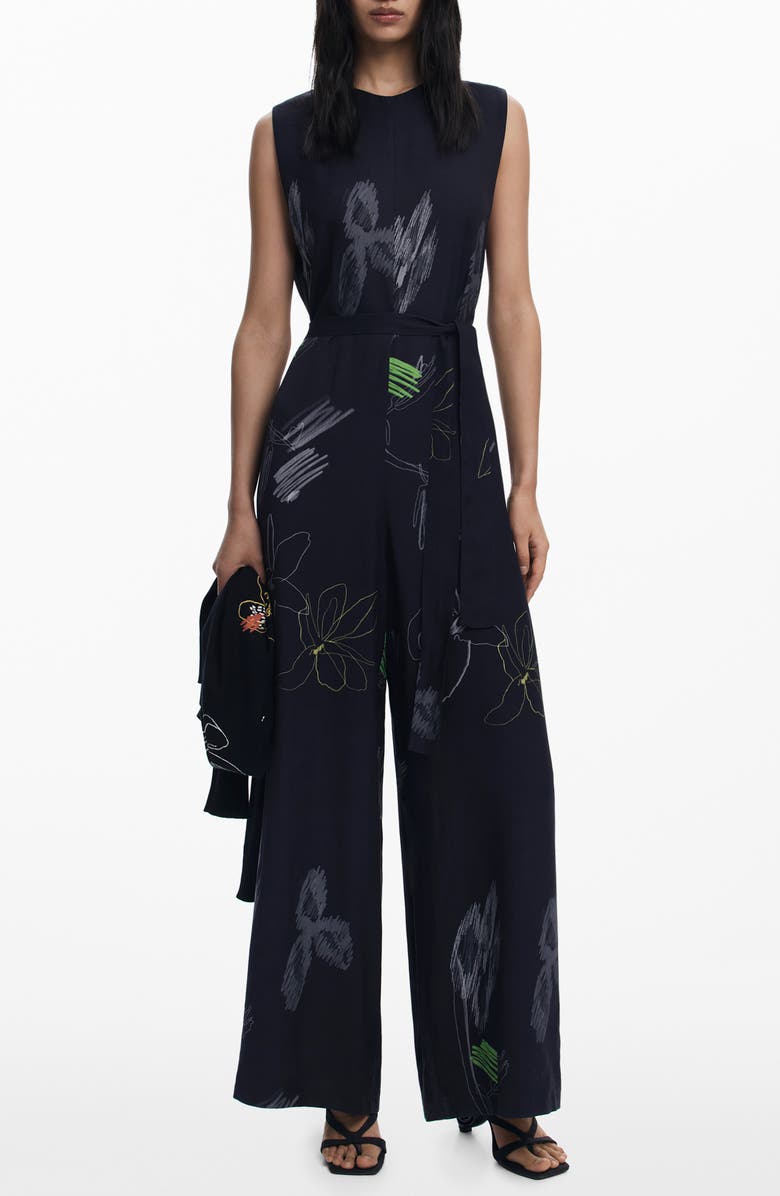 Desigual Print Wide Leg Jumpsuit, Main, color, Black