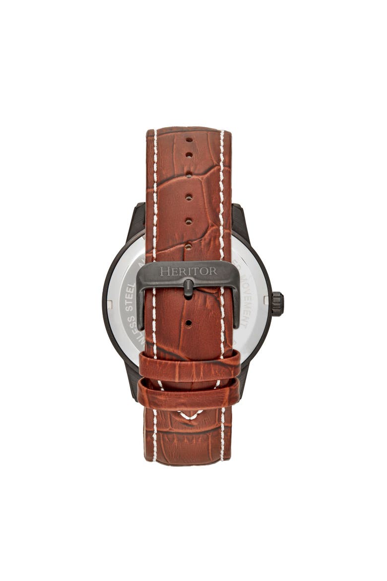 Davies Semi-Skeleton Leather-Band Watch, Alternate, color, Black/Brown