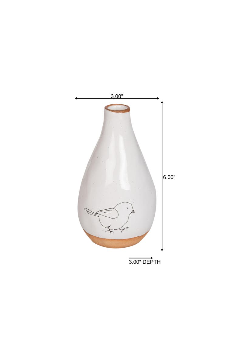 Ceramic Chubby Vase with Bird Print for Spring Home Decor Decorative Vases, Alternate, color, White