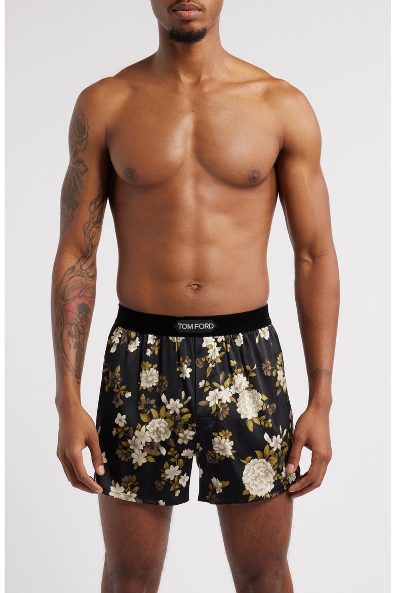 Floral Print Stretch Silk Boxers, Main, color, BLACK/ IVORY