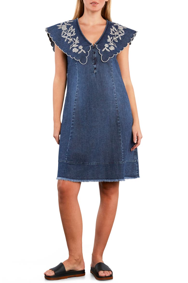 Luna Embroidered Collar Denim Dress, Main, color, PETAL DENIM