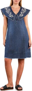 Wash Lab Denim Luna Embroidered Collar Denim Dress