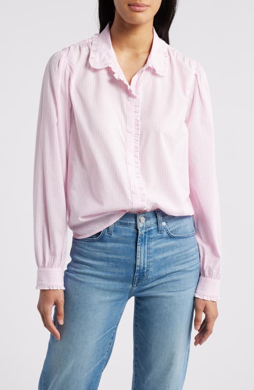 beachlunchlounge Ciara Stripe Ruffle Trim Button-Up Shirt in Blushing Pink 