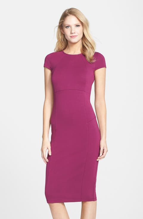 CAP SLEEVE PONTE SHEATH MIDI DRESS