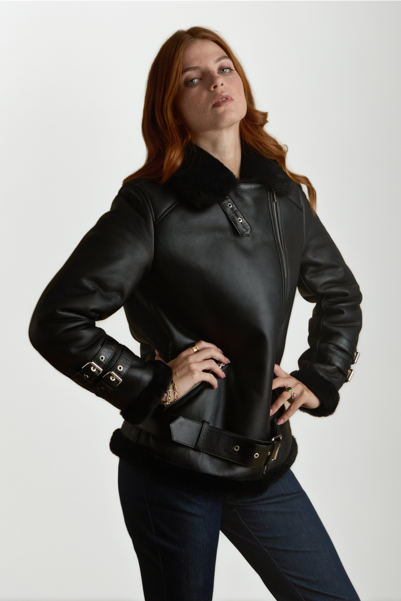 Harriet Sheepskin Jacket, Alternate, color, Black / Black Shearling