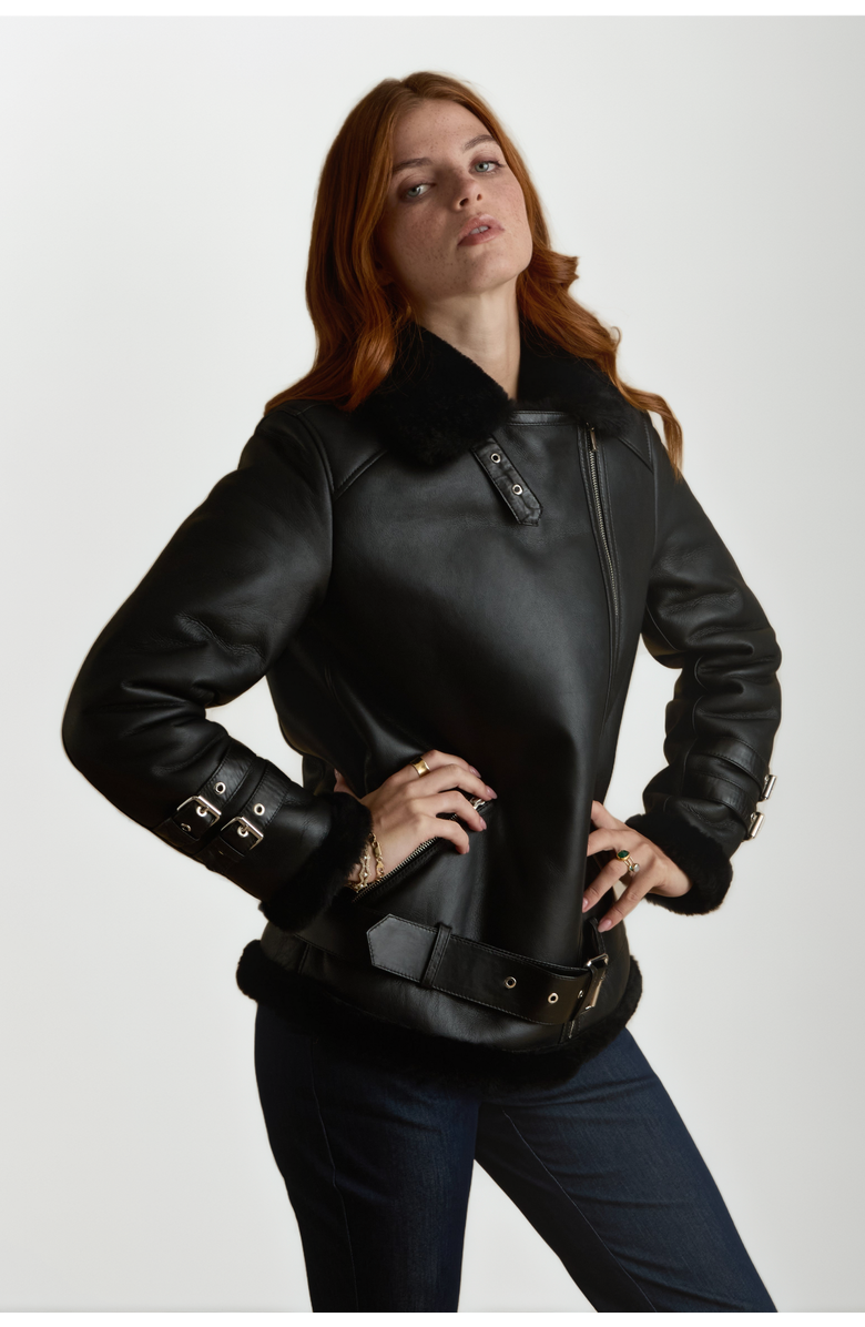 Furniq UK Harriet Sheepskin Jacket, Alternate, color, Black / Black Shearling