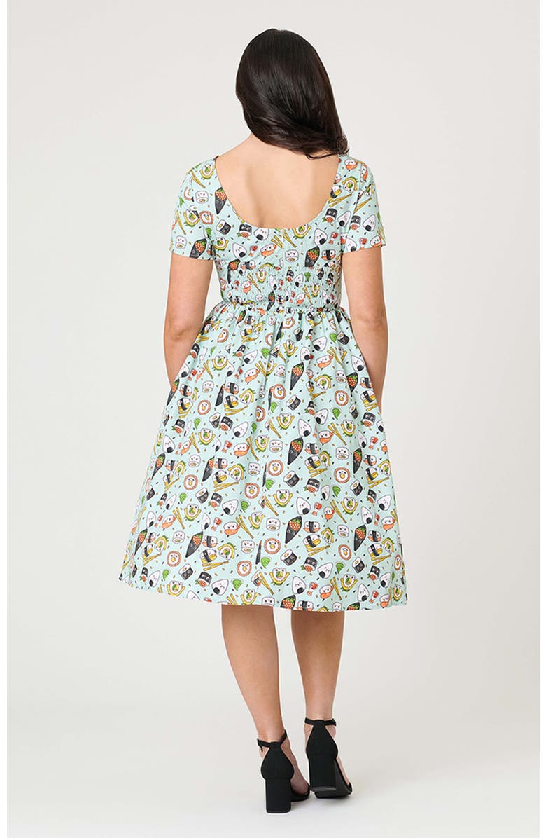 Unique Vintage Smocked Back Swing Dress, Alternate, color, Green Sushi Print