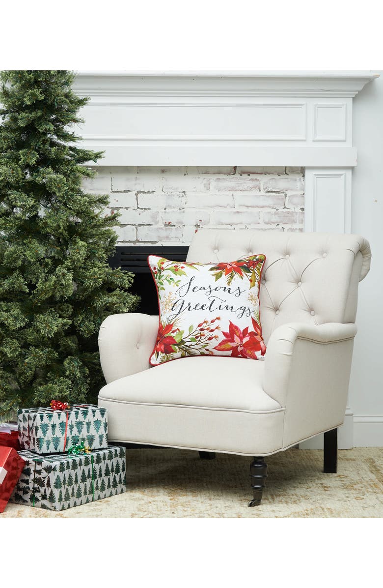 C&F Home Poinsettia Seasons Greetings Christmas Pillow, 18" x 18", Alternate, color, Red