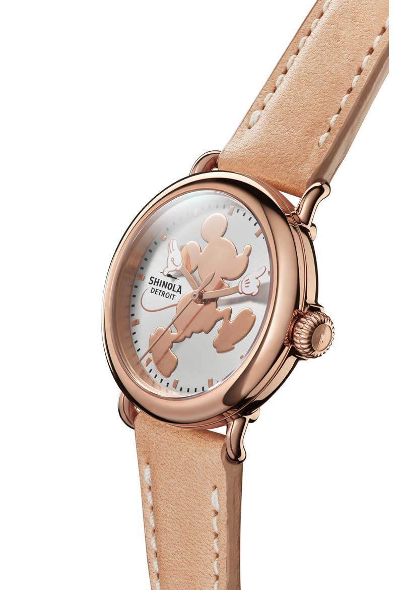 x Disney Runwell Mickey Classic Leather Strap Watch, 36mm, Alternate, color, BIEGE/ WHITE/ ROSE GOLD