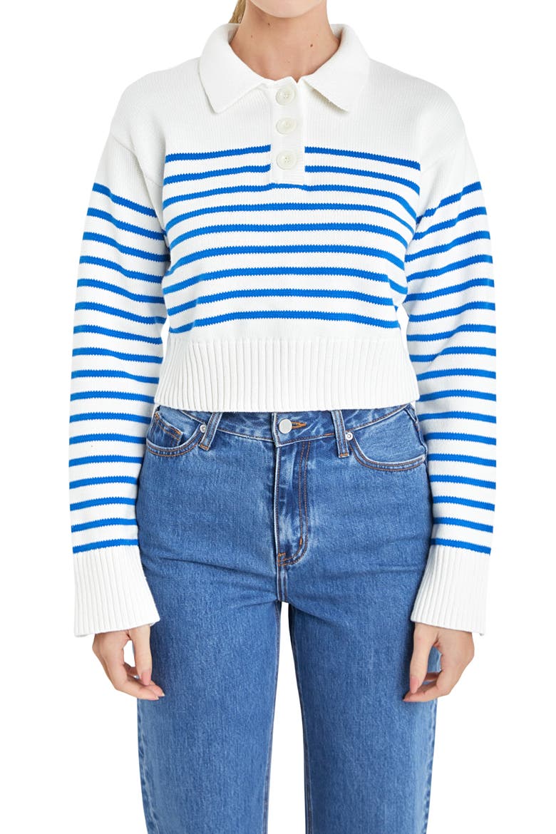 Stripe Cotton Polo Sweater, Alternate, color, WHITE