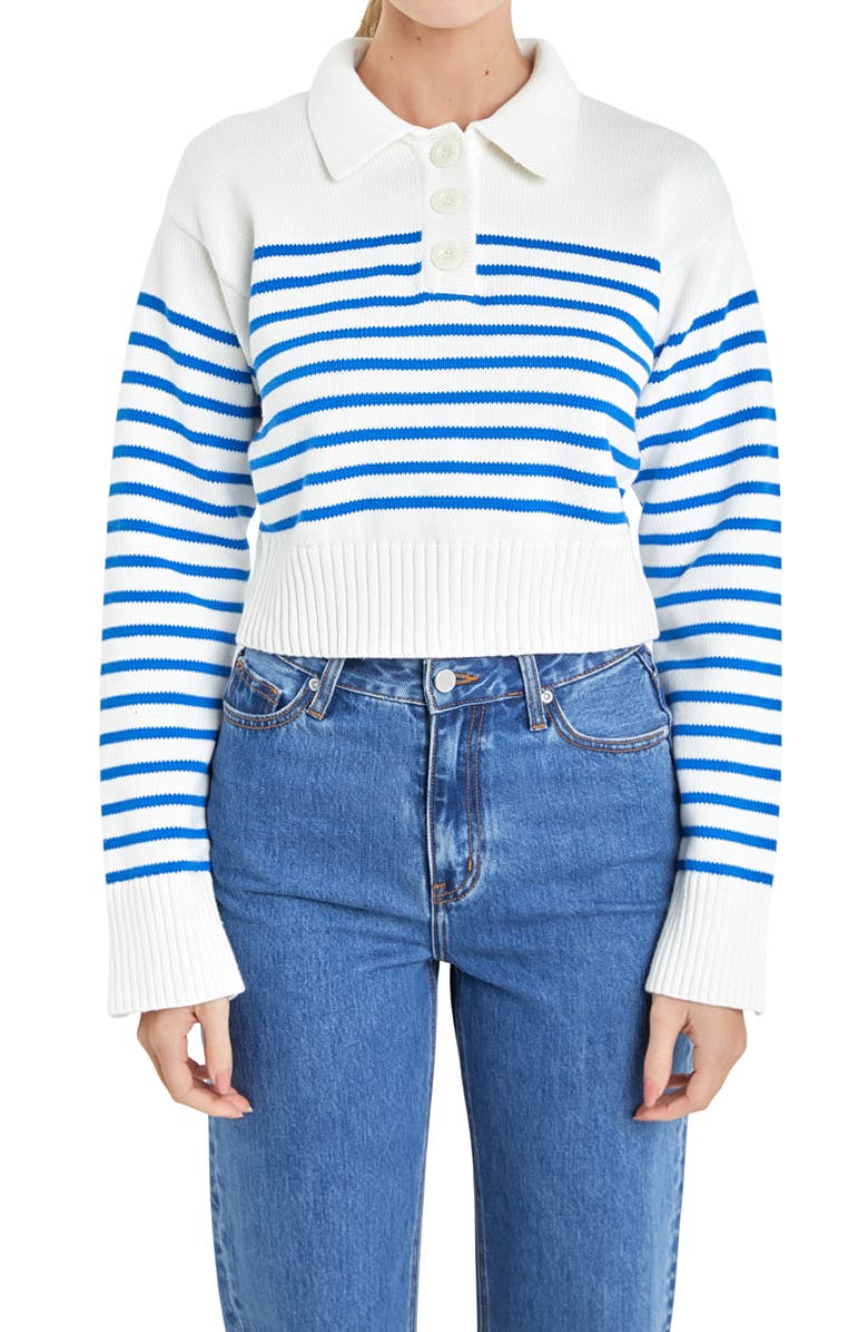 English Factory Stripe Cotton Polo Sweater, Alternate, color, White