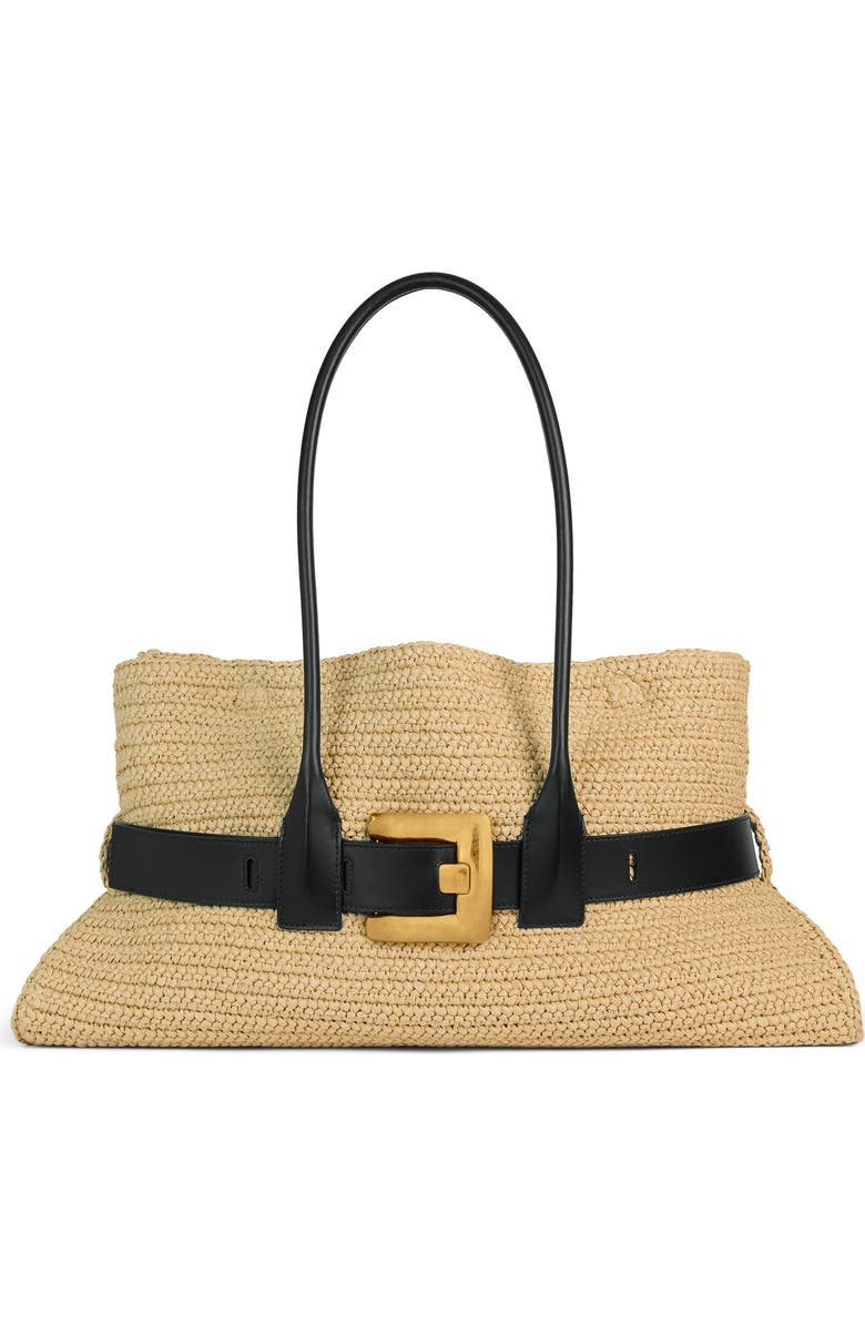 Balmain Large Anthem bag in smooth leather and crochet, Main, color, Beige