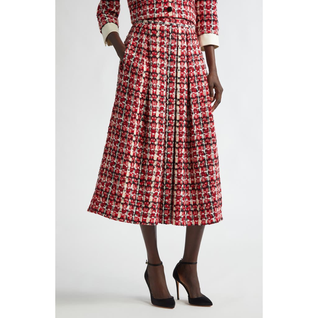 St John Soft Plaid Knit Skirt In Haute Red/black/pearl Multi