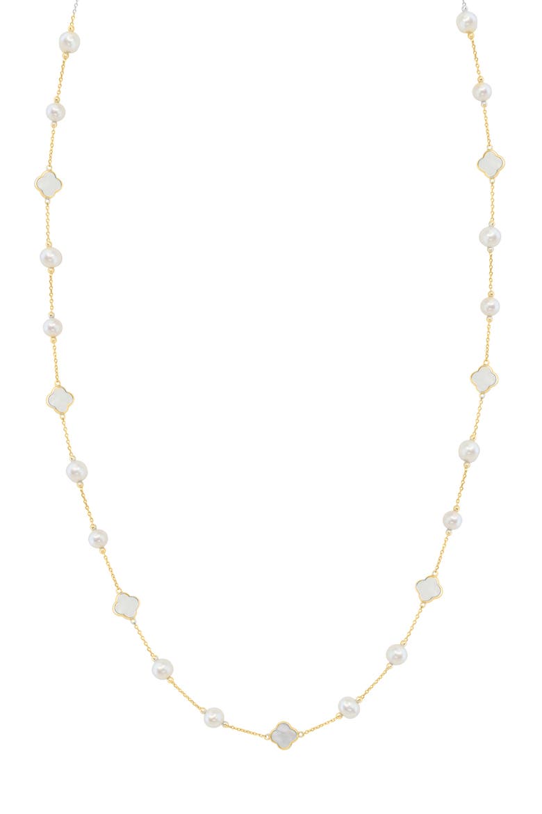 14K Yellow Gold Mother-of-Pearl & Freshwater Pearl Clover Station Necklace, Main, color, 14K Gold