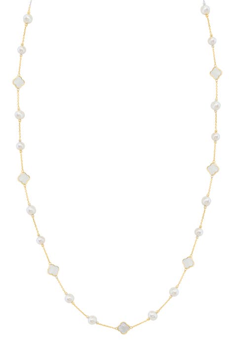 14K Yellow Gold Mother-of-Pearl & Freshwater Pearl Clover Station Necklace