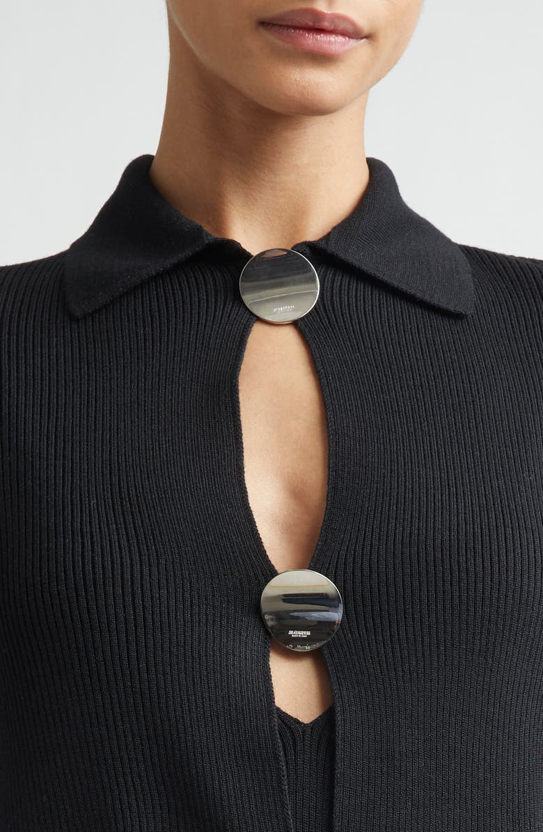 Jil Sander Virgin Wool Rib Polo Cardigan, Alternate, color, Black