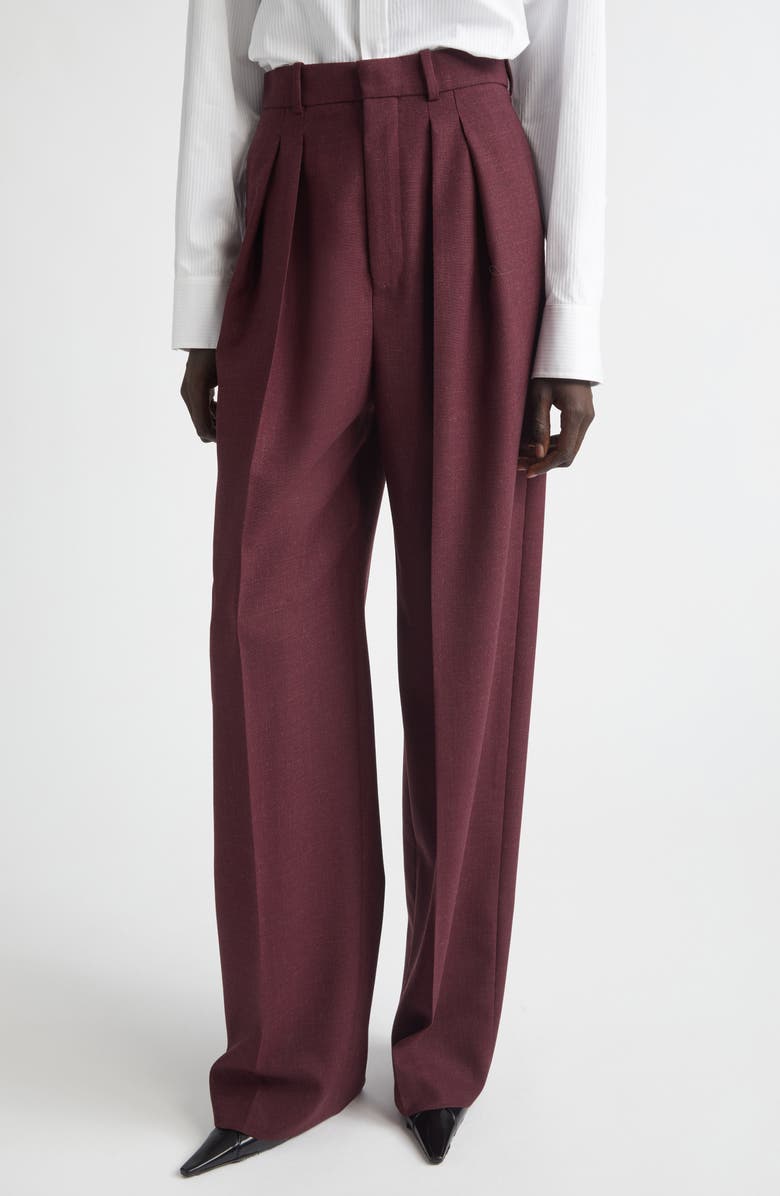 Saint Laurent High Waist Wool Straight Leg Pants, Main, color, Lie De Vin