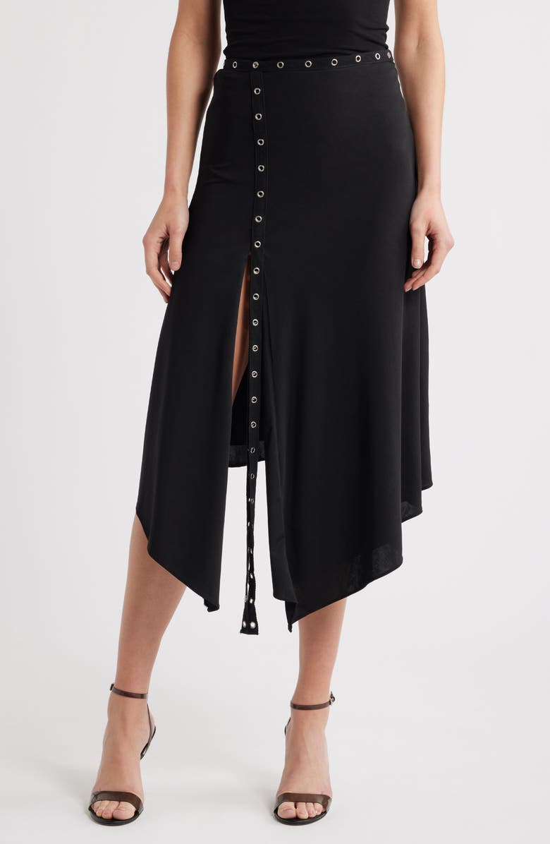 Mistress Rocks Grommet Asymmetric Midi Skirt, Main, color,