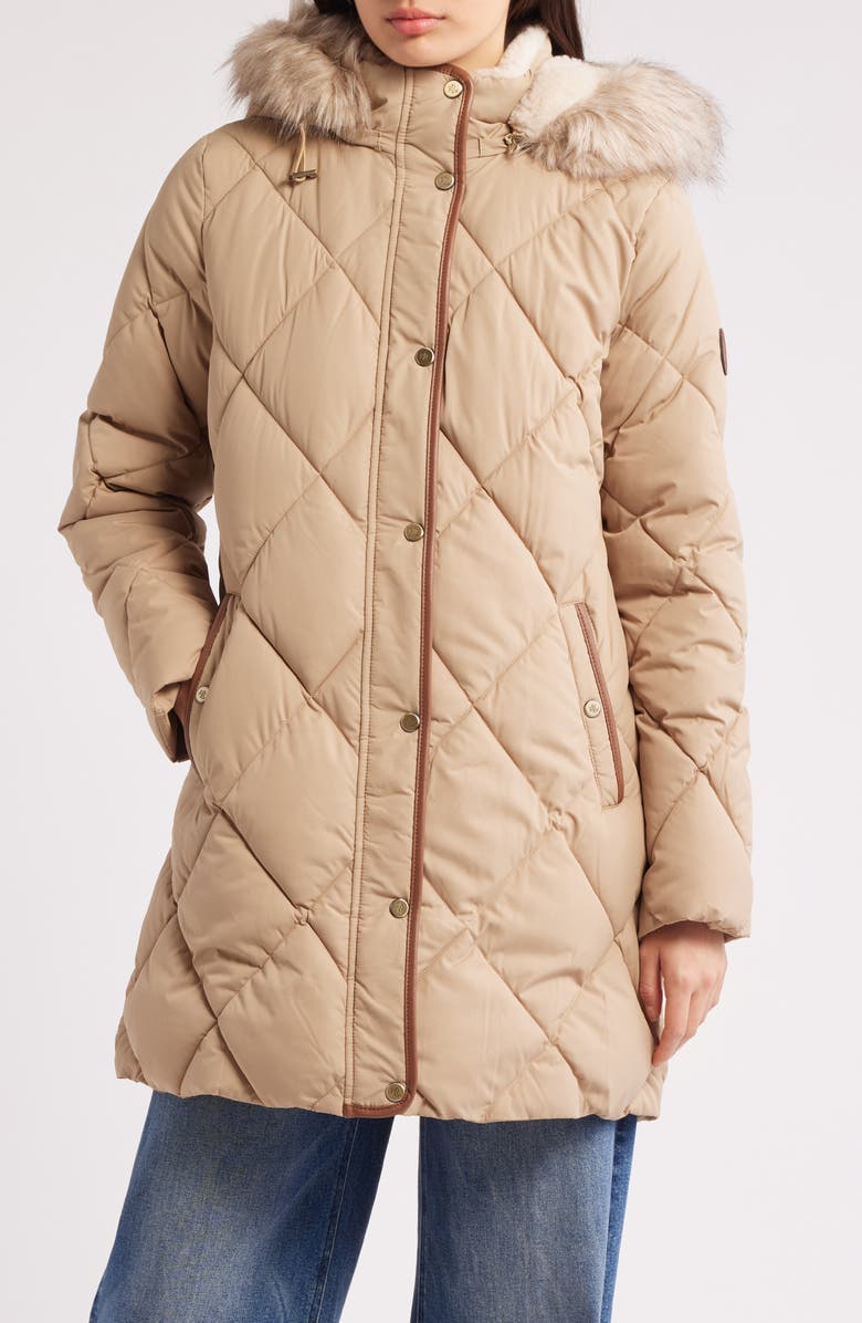 Lauren Ralph Lauren Faux Fur Trim Hooded Puffer Jacket, Alternate, color, Birch Tan