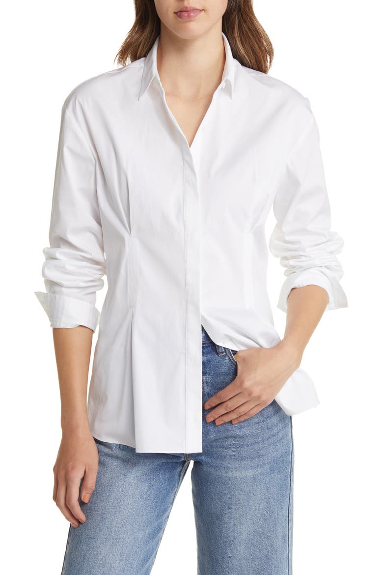 Pleat Detail Cotton Poplin Button-Up Shirt, Main, color, WHITE