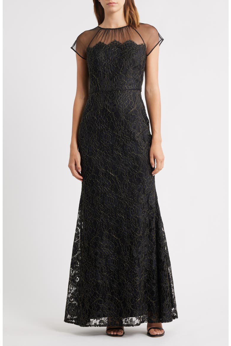 Metallic Floral Embroidery Gown, Main, color, BLACK GOLD
