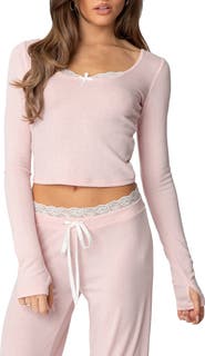 EDIKTED Peekaboo Lace Trim Knit Long Sleeve Top