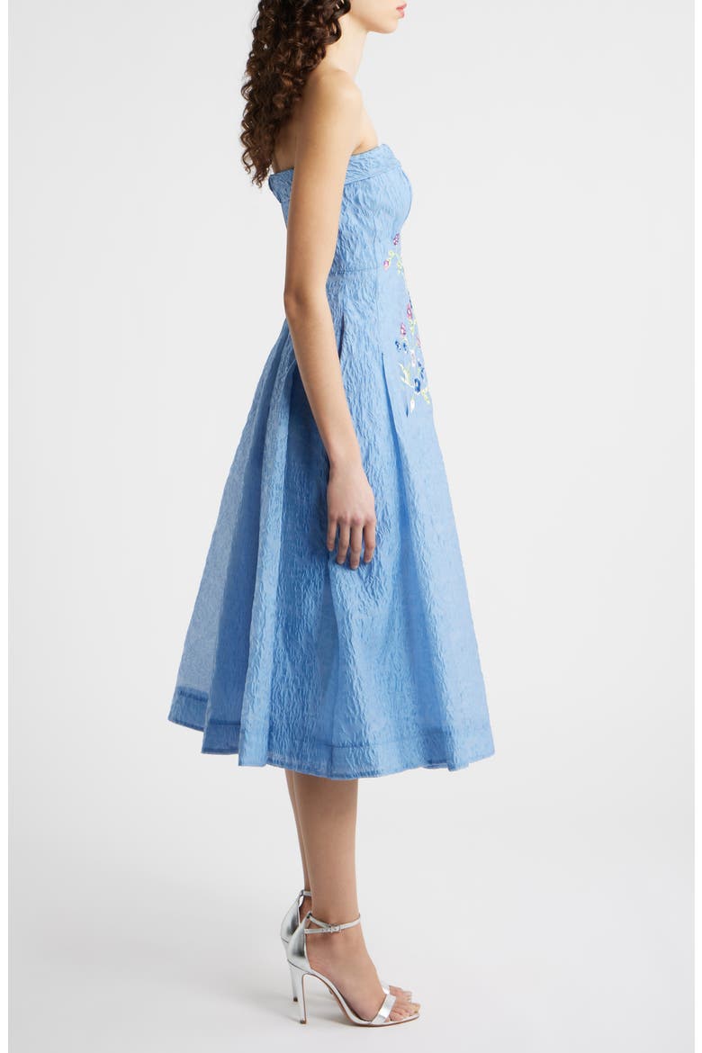 Rhinestone Floral Embroidery Strapless Floral Jacquard Cocktail Dress, Alternate, color, RIVERSIDE BLUE