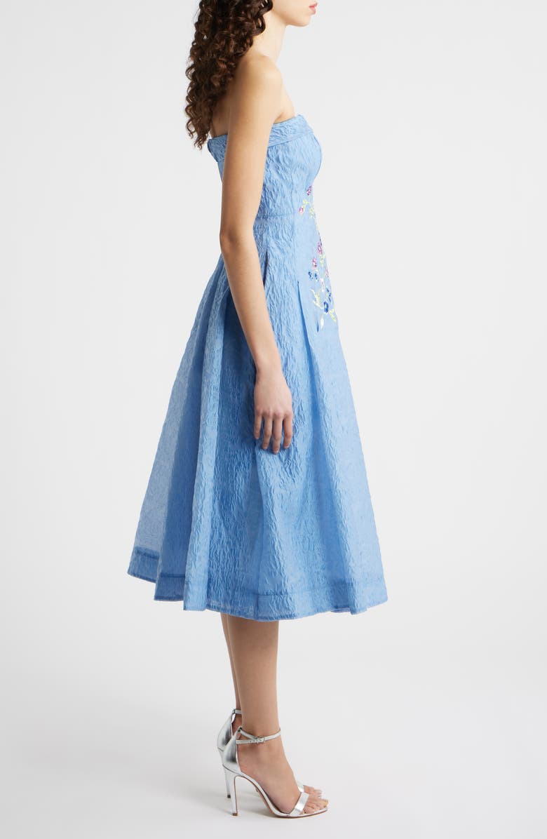 Tahari ASL Rhinestone Floral Embroidery Strapless Floral Jacquard Cocktail Dress, Alternate, color, Riverside Blue