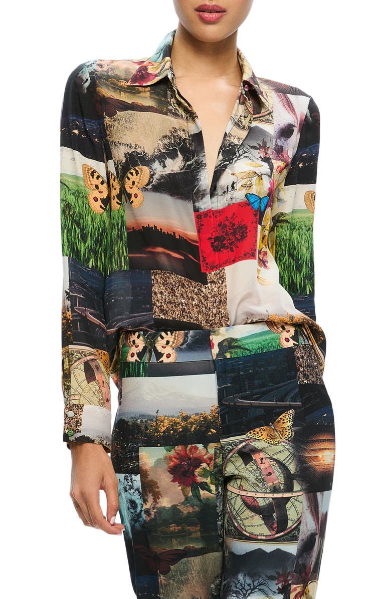 Alice + Olivia Willa Mixed Print Silk Button-Up Shirt, Main, color,