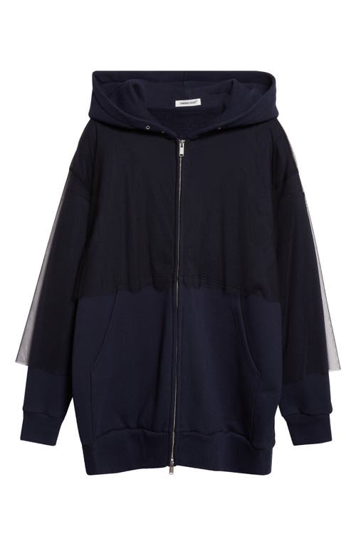 Undercover Tulle Overlay Oversize Cotton Fleece Zip-up Hoodie In Black