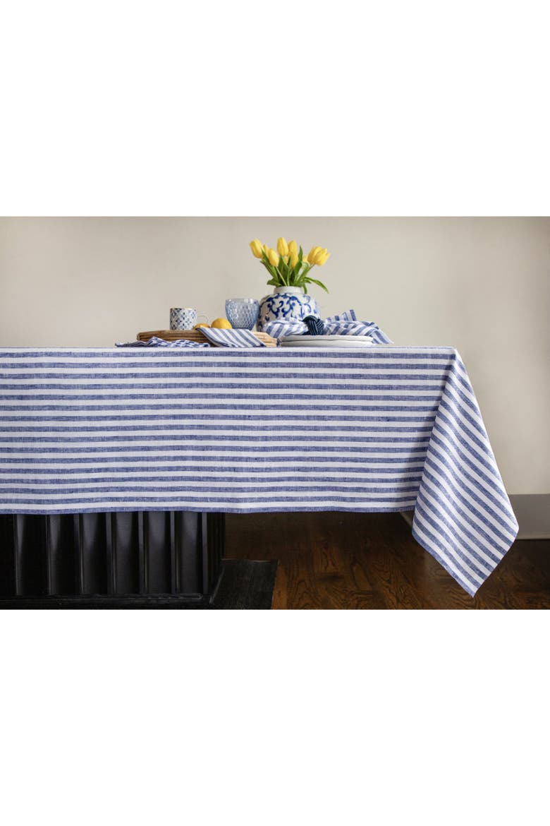 Linen Tablecloth - Amalfi Stripe, Main, color, Navy and White
