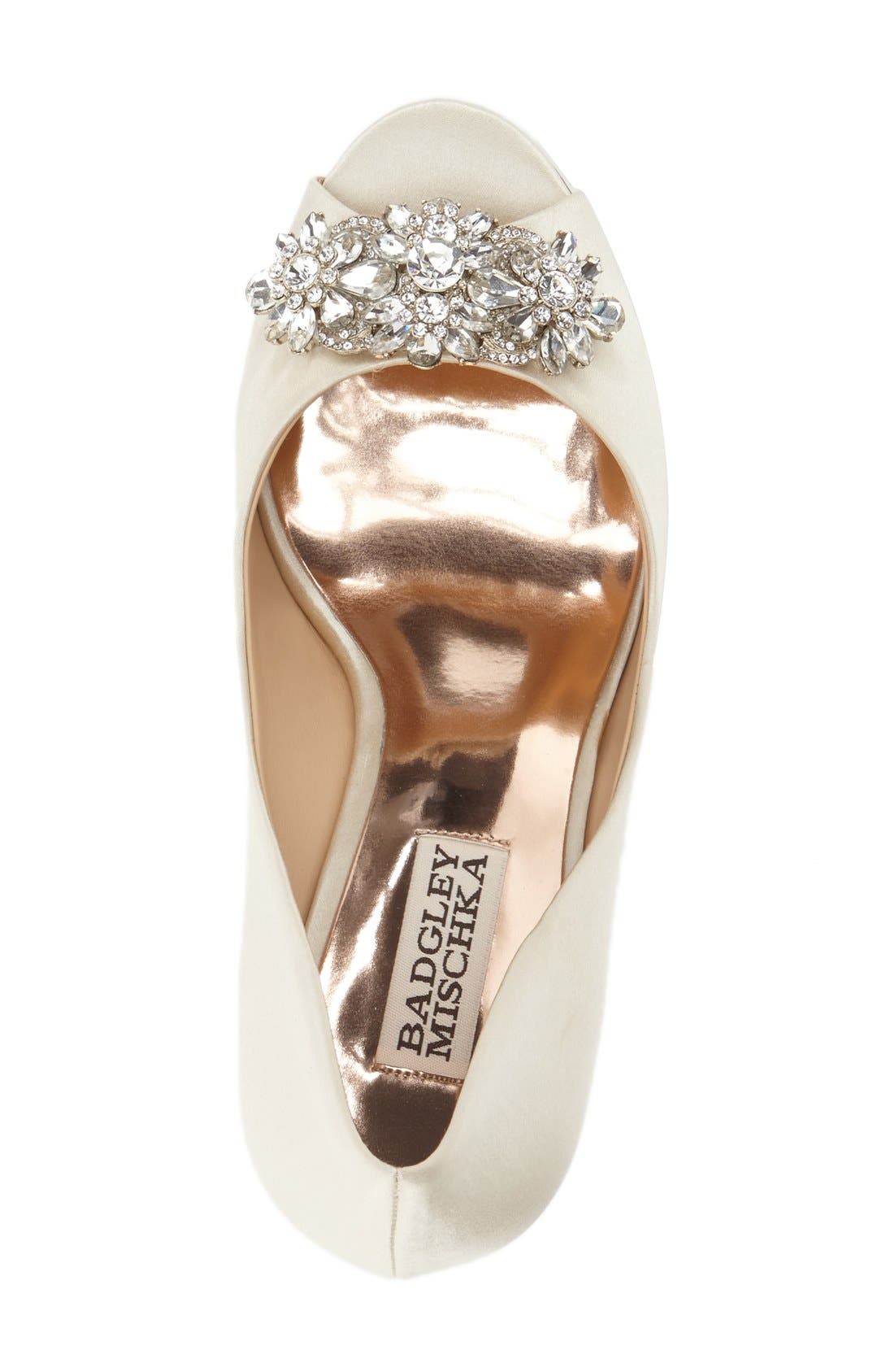 Badgley Mischka 'Dara' Crystal-Encrusted Peep-Toe Wedge, Alternate, color, IVORY SATIN