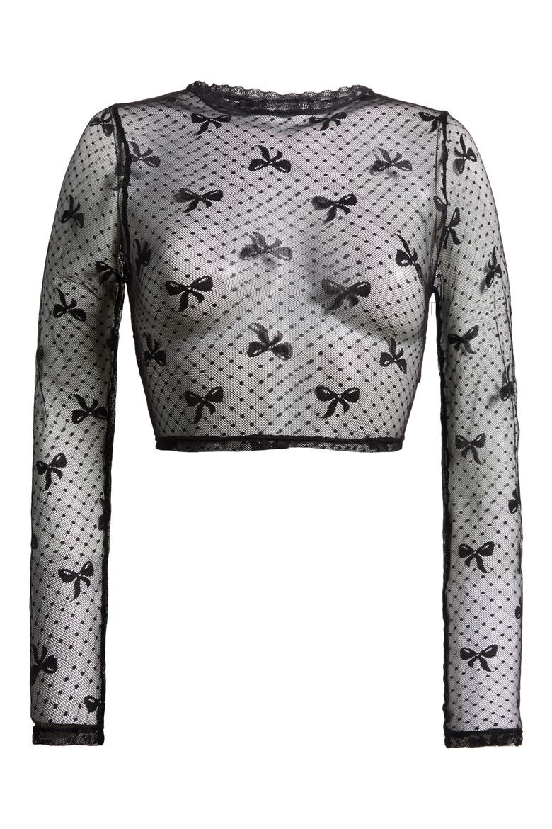 Bow Dotted Mesh Crop Top, Alternate, color, BLACK