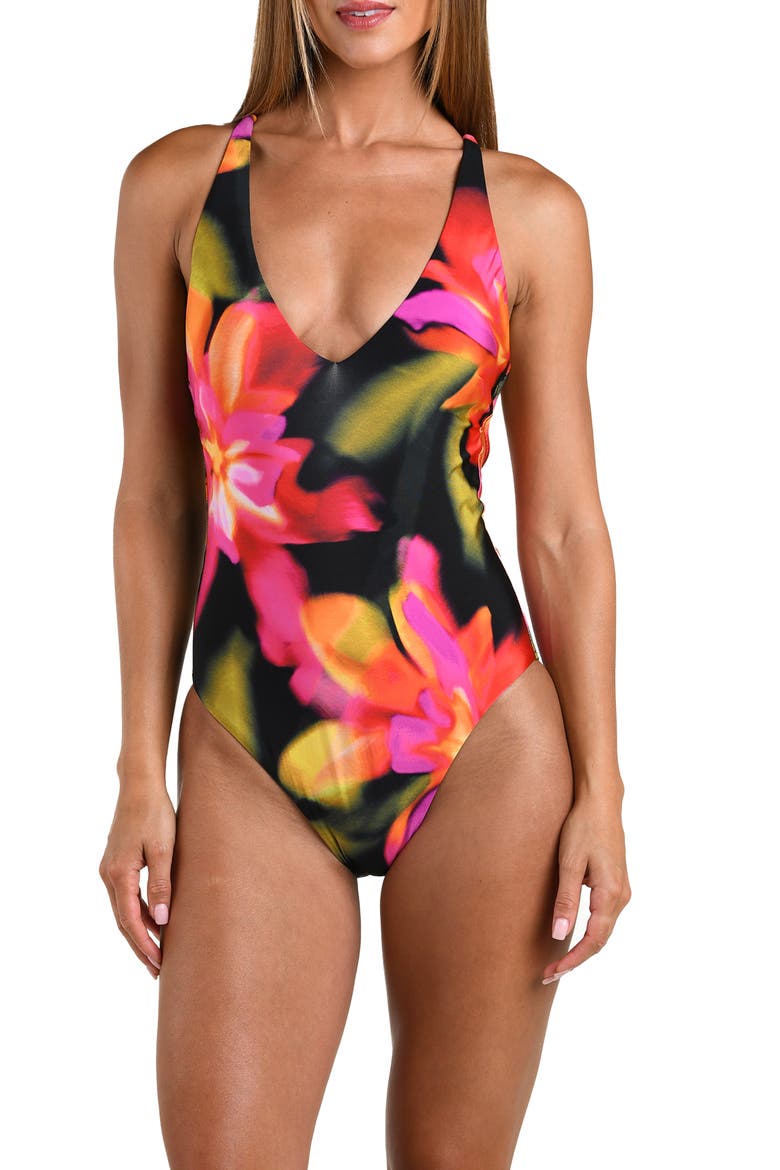 Floressence Plunge One-Piece Swimsuit, Main, color, BLACK MULTI