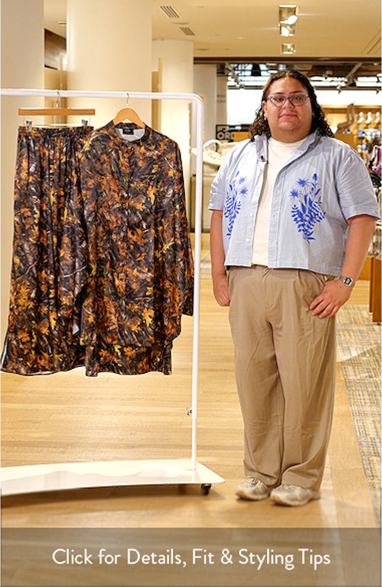 Camo Leaf Print Oversize Satin Button-Up Shirt & Pants Set, sales video thumbnail
